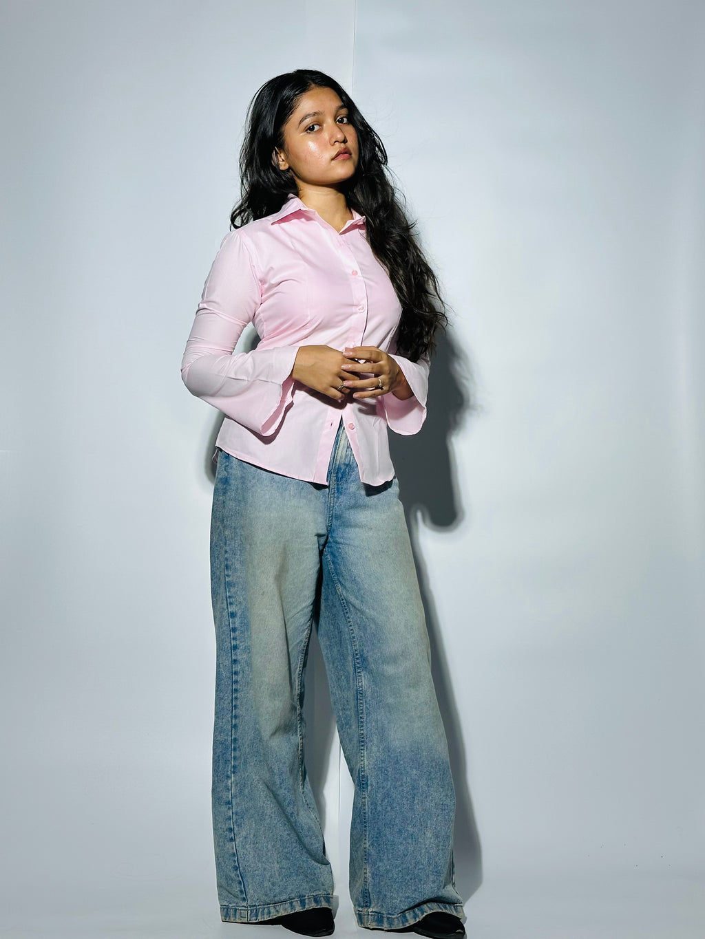 Pretty Pink Fitted Corset Shirt With Flare sleeves