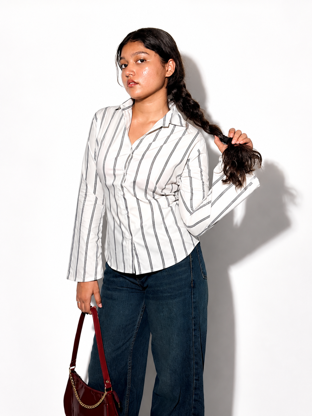 Aura White Pinestripe Fitted Laceback Corset Shirt