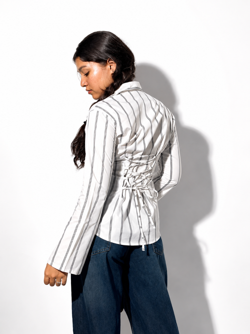 Aura White Pinestripe Fitted Laceback Corset Shirt