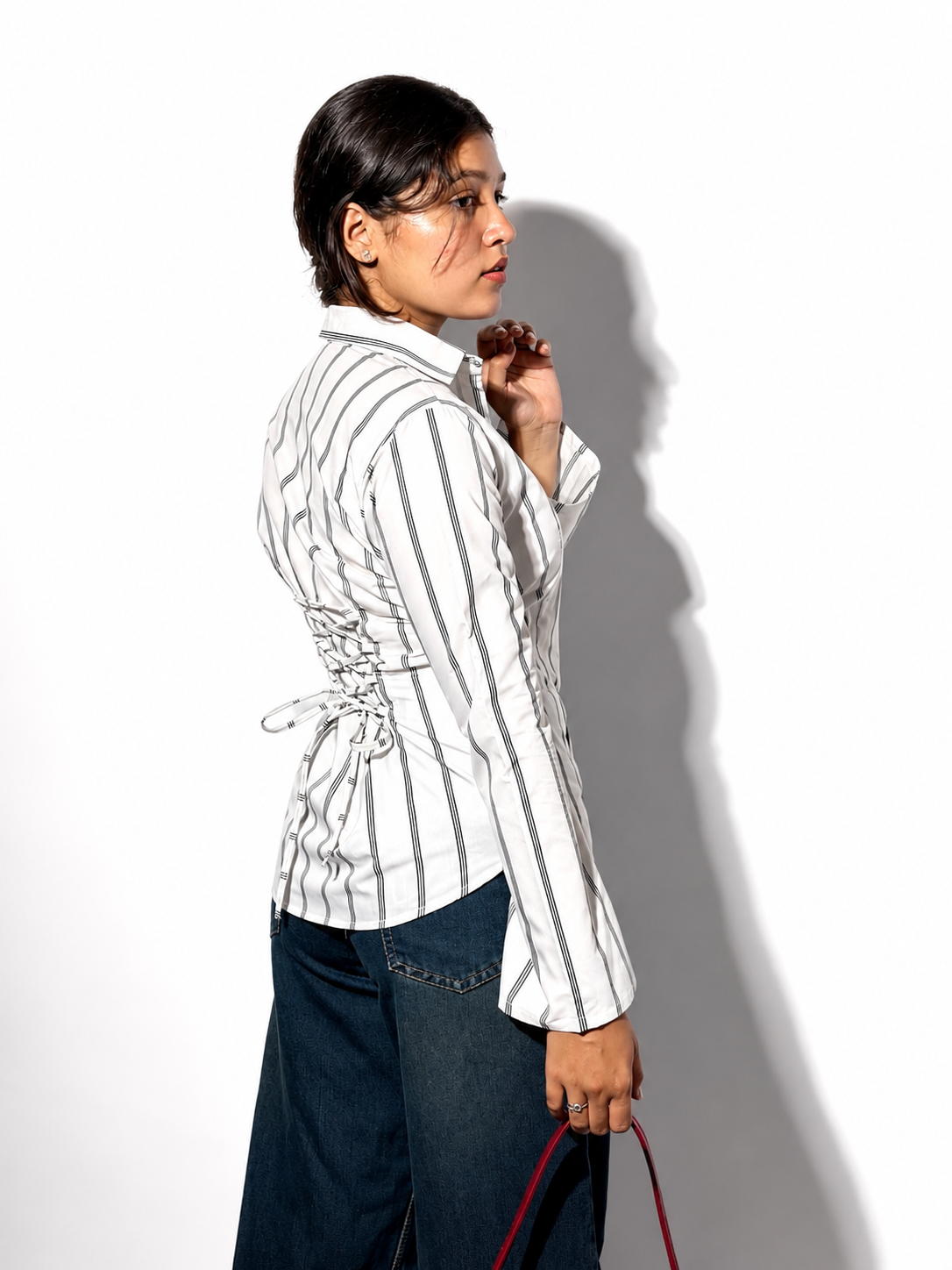 Aura White Pinestripe Fitted Laceback Corset Shirt