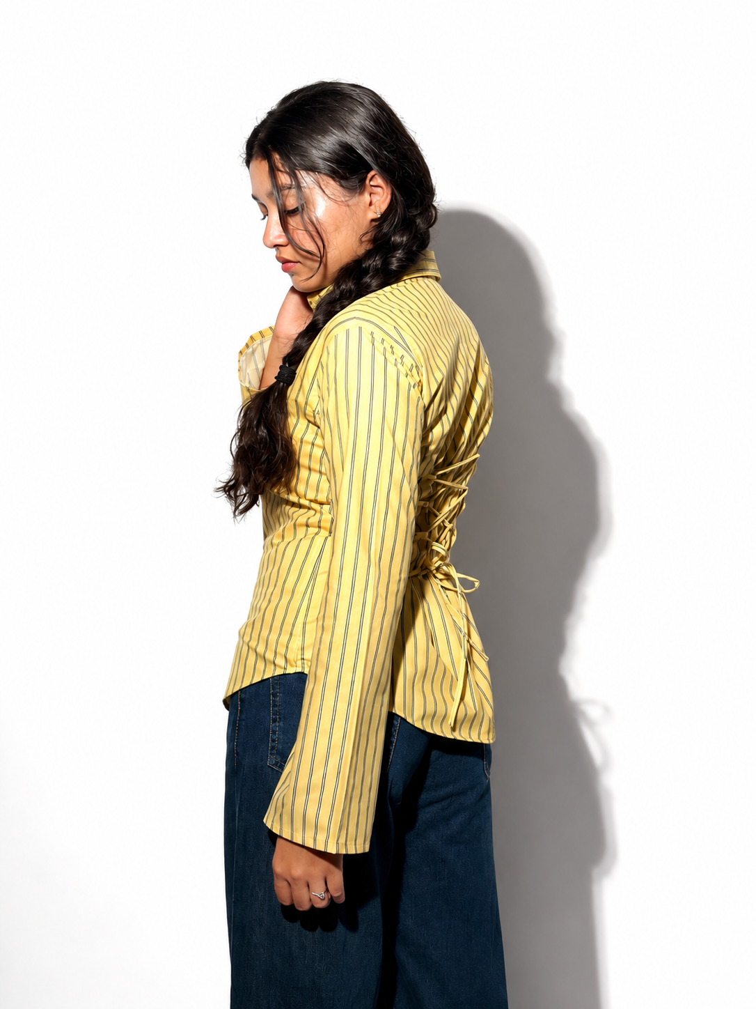 Signature Yellow Pinstripe Fitted Corset Laceback Shirt
