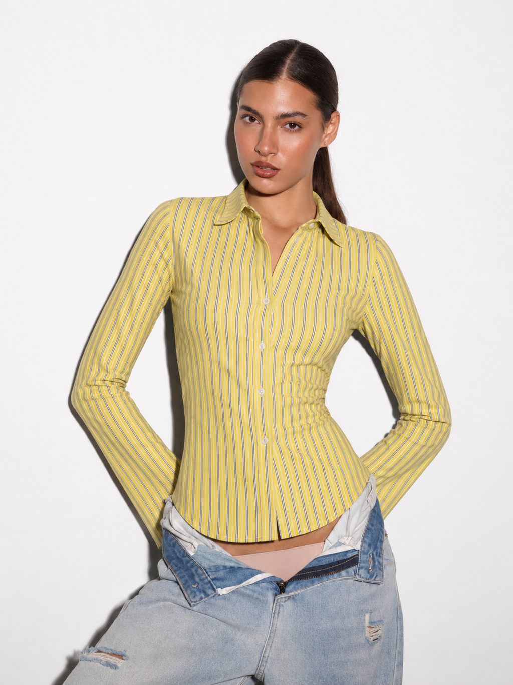Signature Yellow Pinstripe Fitted Corset Laceback Shirt