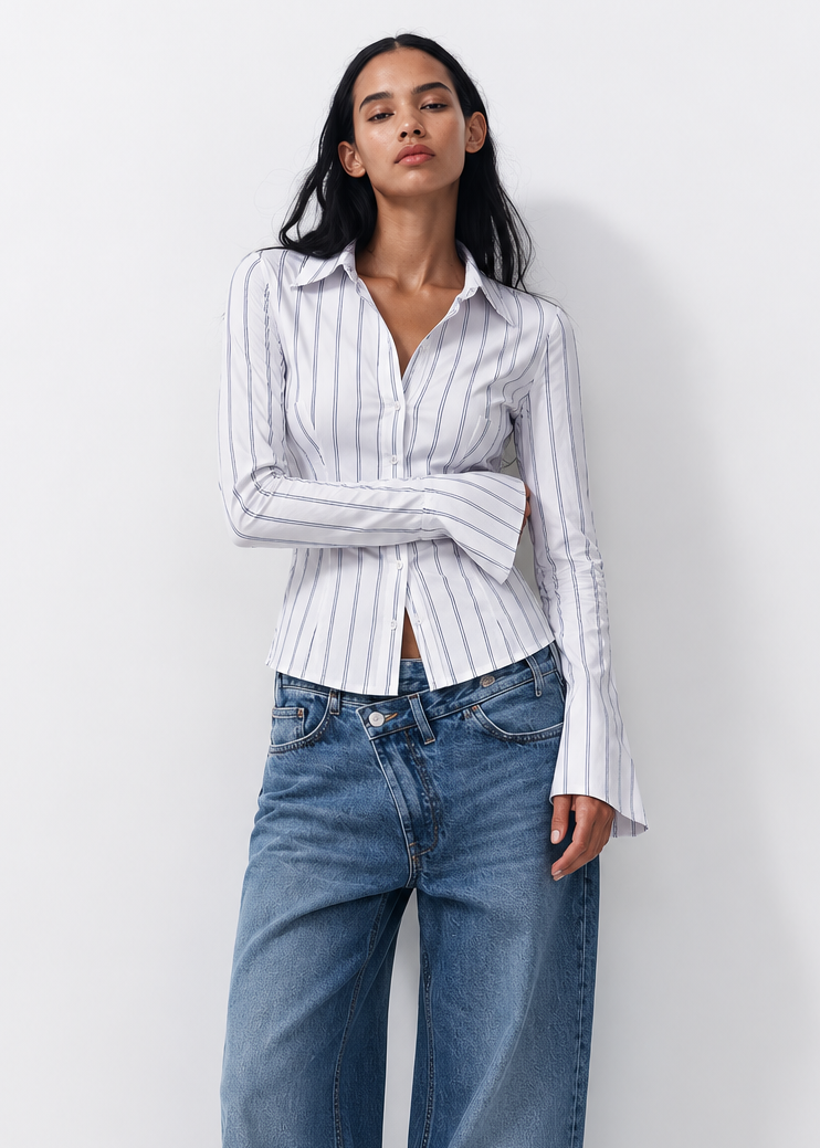 Aura White Pinestripe Fitted Laceback Corset Shirt