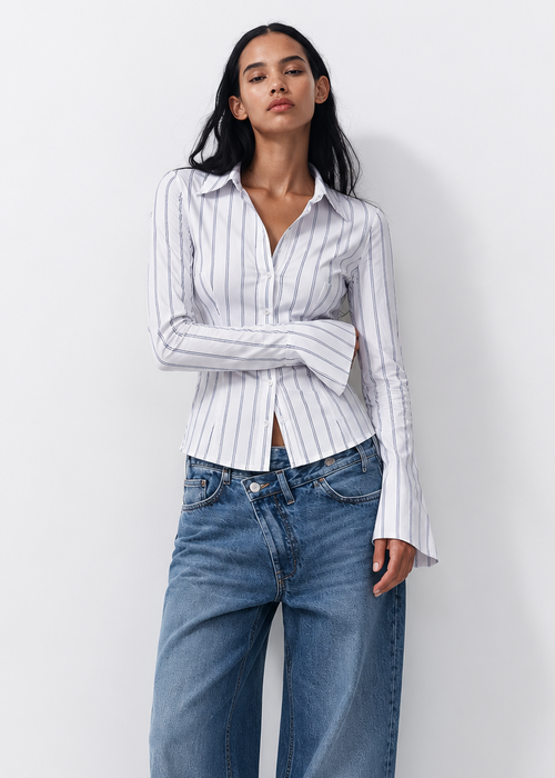 Aura White Pinestripe Fitted Laceback Corset Shirt