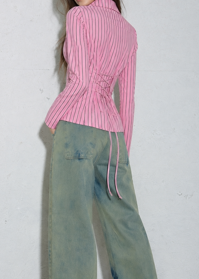 Blush Pink Pinstripe Fitted Corset Laceback Shirt