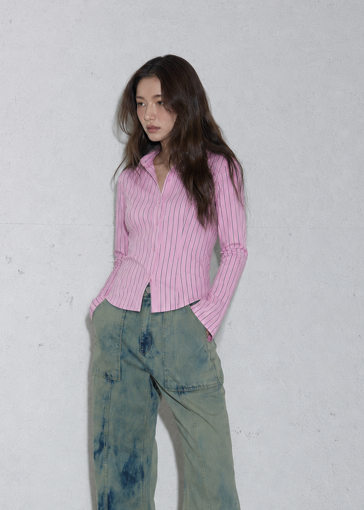 Blush Pink Pinstripe Fitted Corset Laceback Shirt