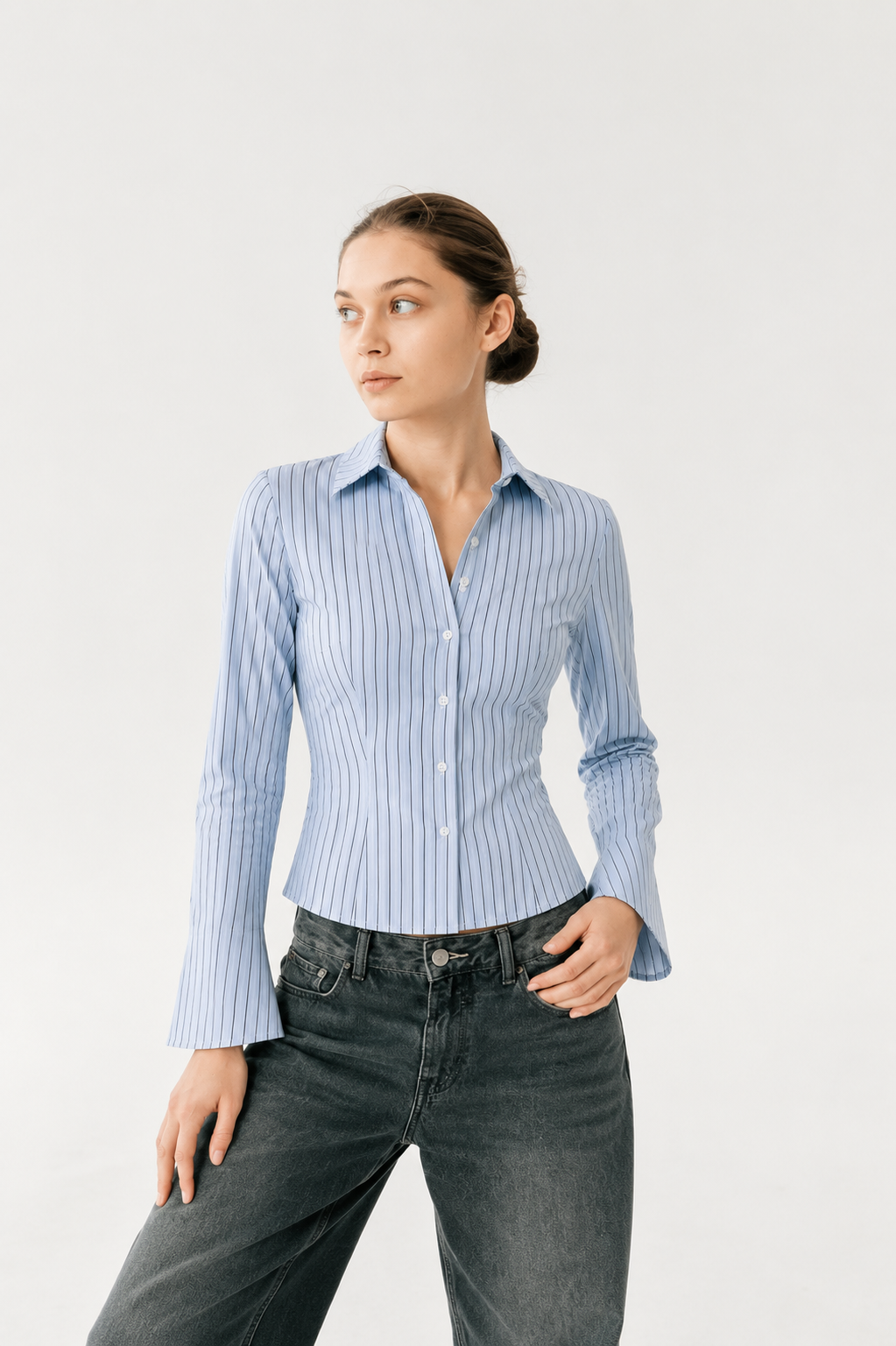 Mist Blue Pinstripe Fitted Corset Lacebcak Shirt