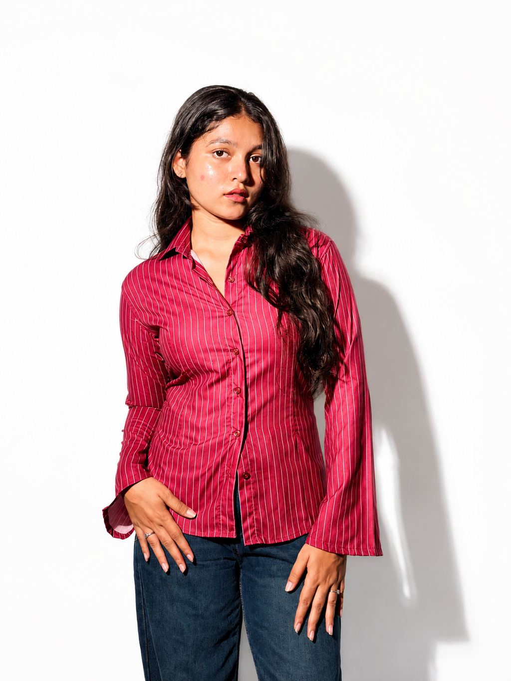 Amarone Red Pinstripe Fitted flarred Corset Shirt