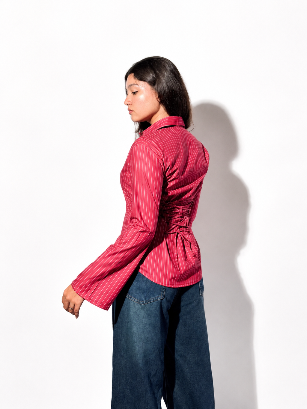 Amarone Red Pinstripe Fitted flarred Corset Shirt