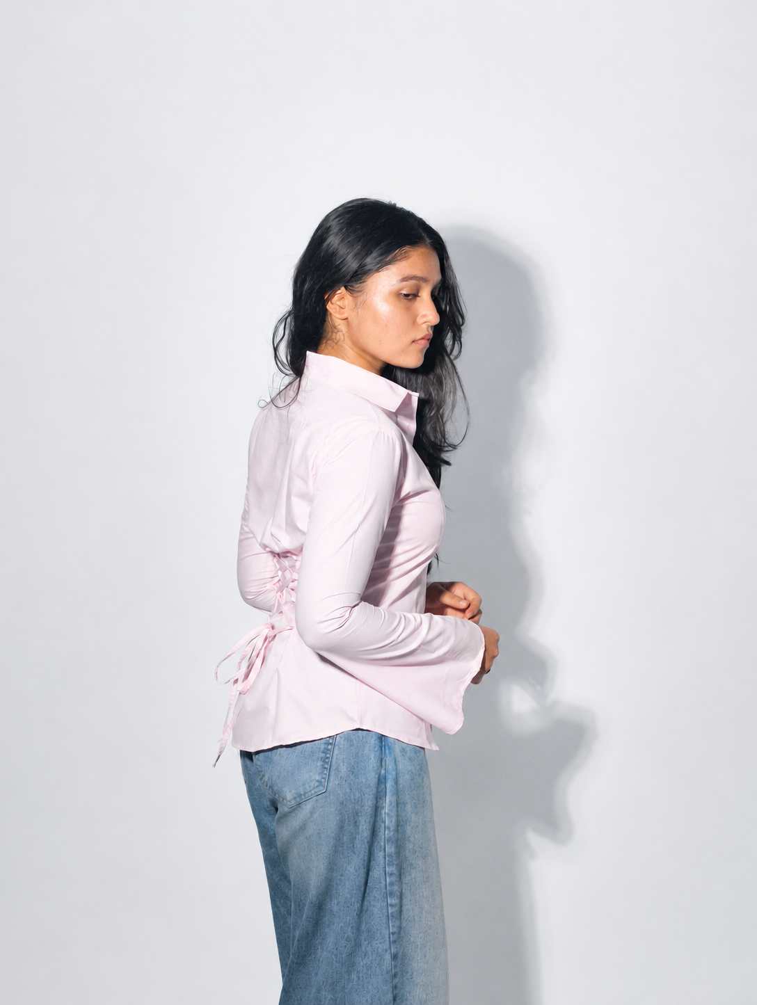 Pretty Pink Fitted Corset Shirt With Flare sleeves