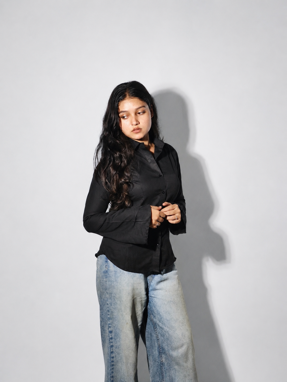 Moonless Curve Shirt Black Fitted Corset Shirt With Flare Sleeves