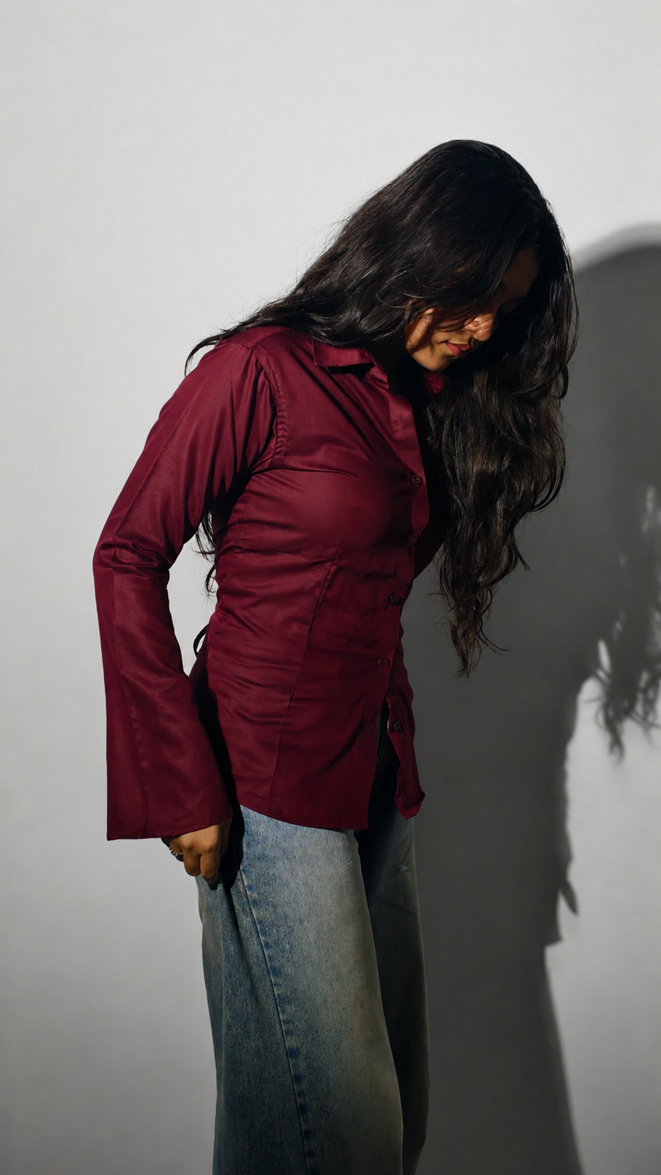 Deep Marron Fitted Corset Shirt With Flare Sleeves