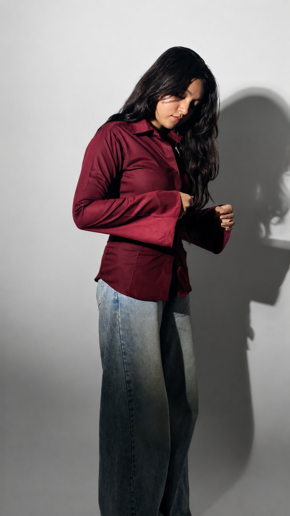 Deep Marron Fitted Corset Shirt With Flare Sleeves
