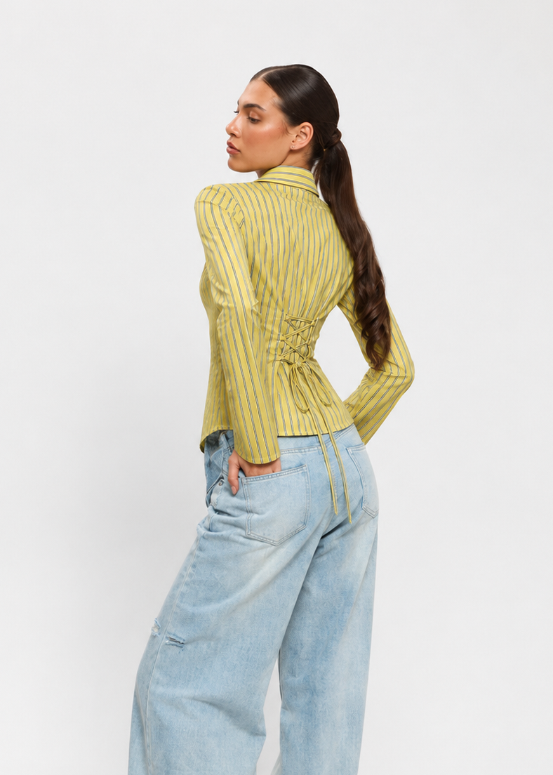 Signature Yellow Pinstripe Fitted Corset Laceback Shirt
