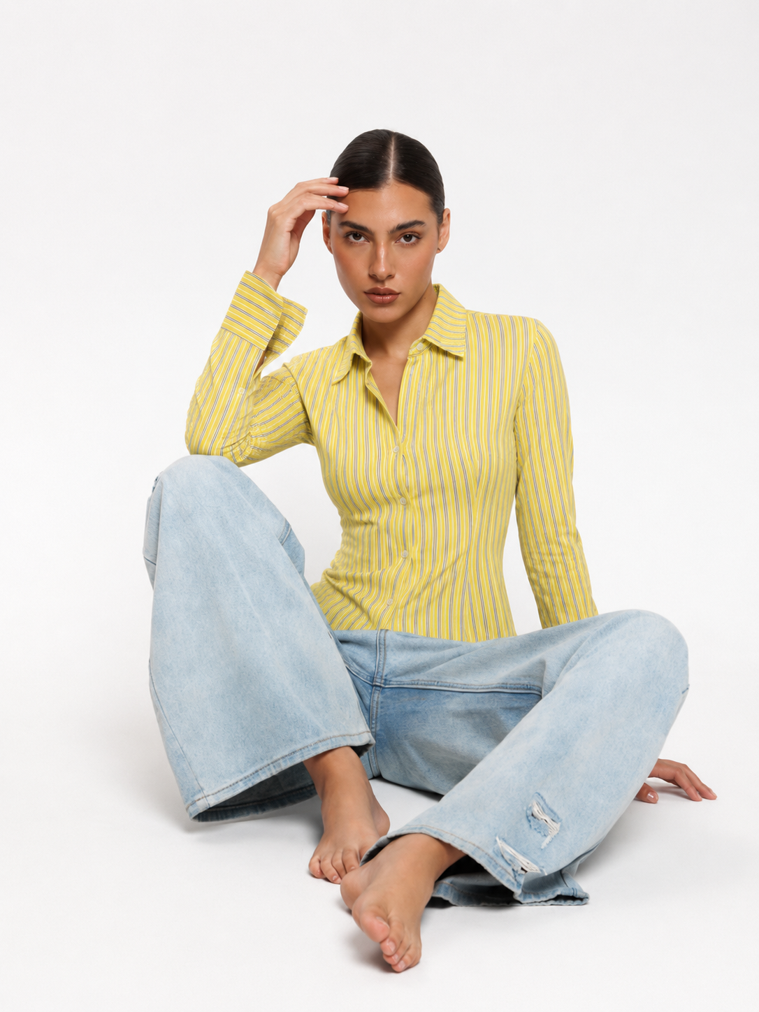 Signature Yellow Pinstripe Fitted Corset Laceback Shirt