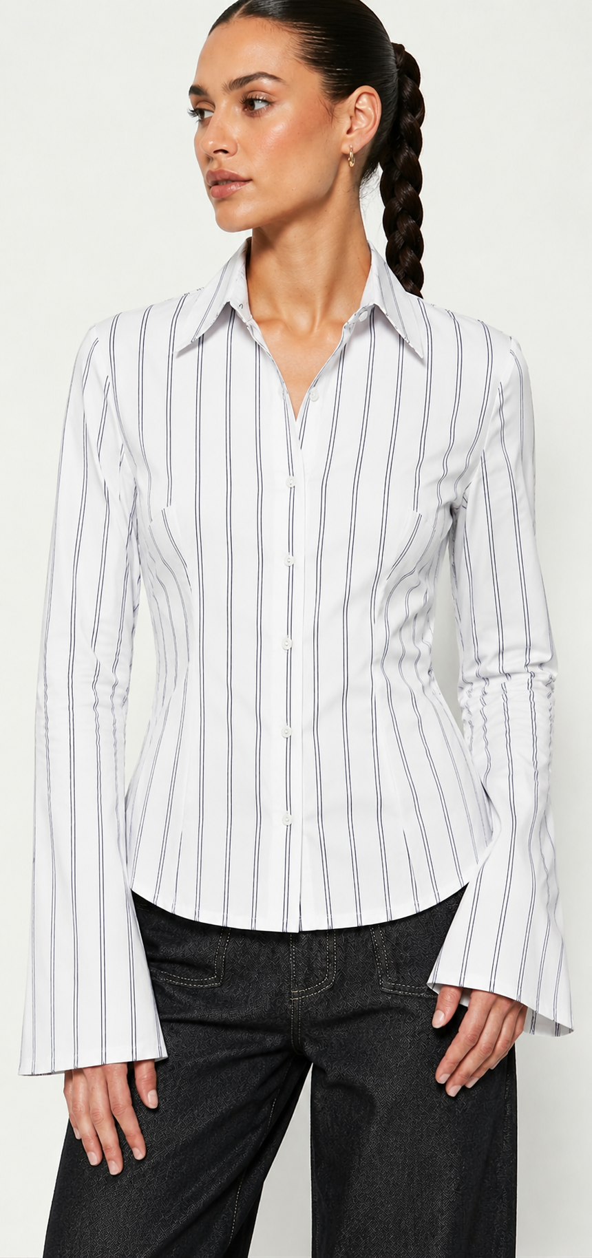 Aura White Pinestripe Fitted Laceback Corset Shirt