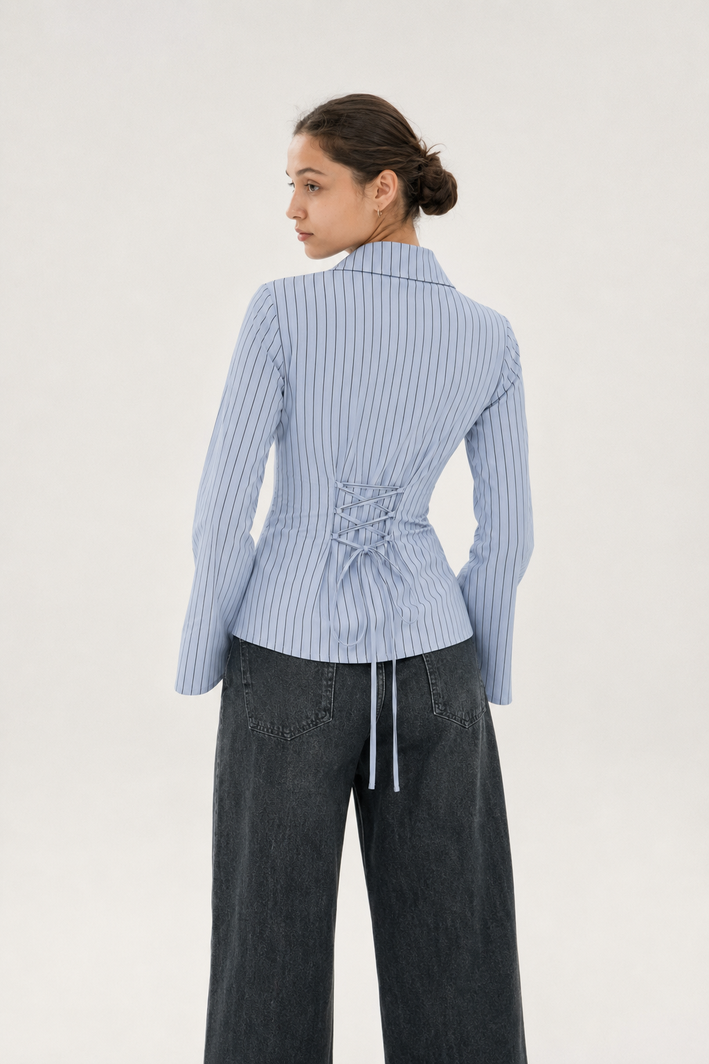 Mist Blue Pinstripe Fitted Corset Lacebcak Shirt