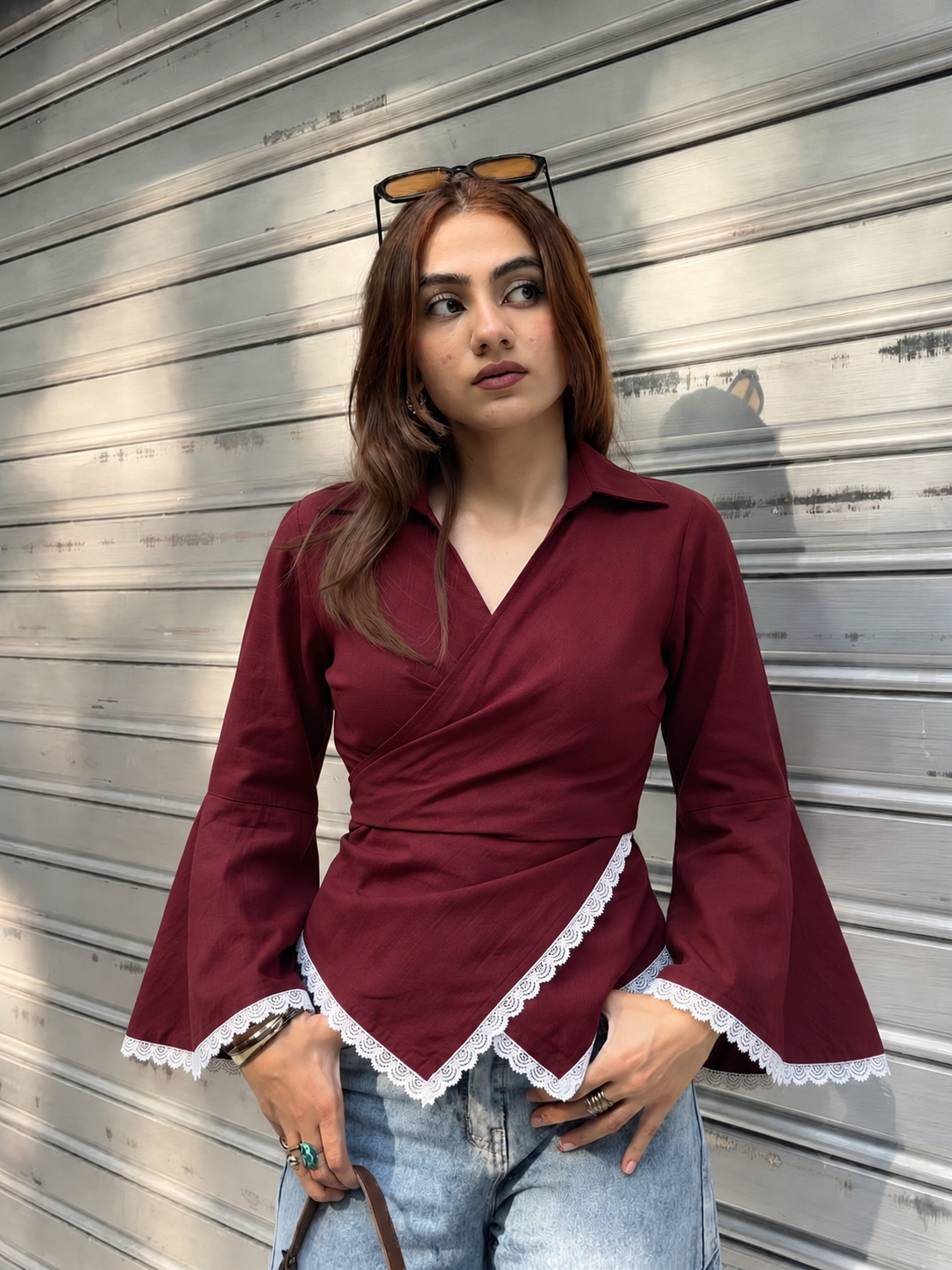 Maroon Lace-Wrap Fitted Shirt