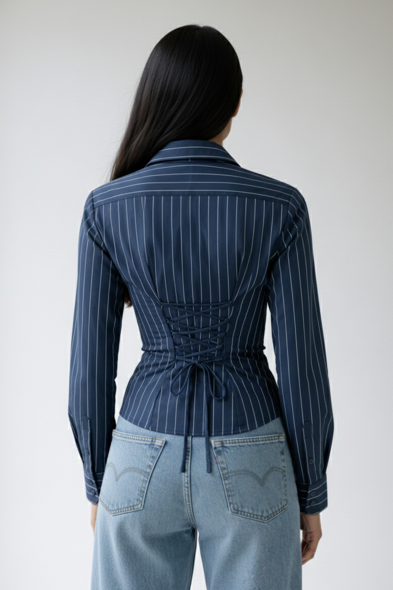Navy Blue Hour Fitted Laceback Corset Shirt