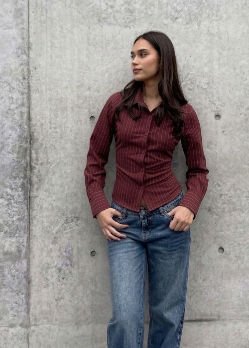 Amarone Marron Pinstripe Fitted Corset Shirt