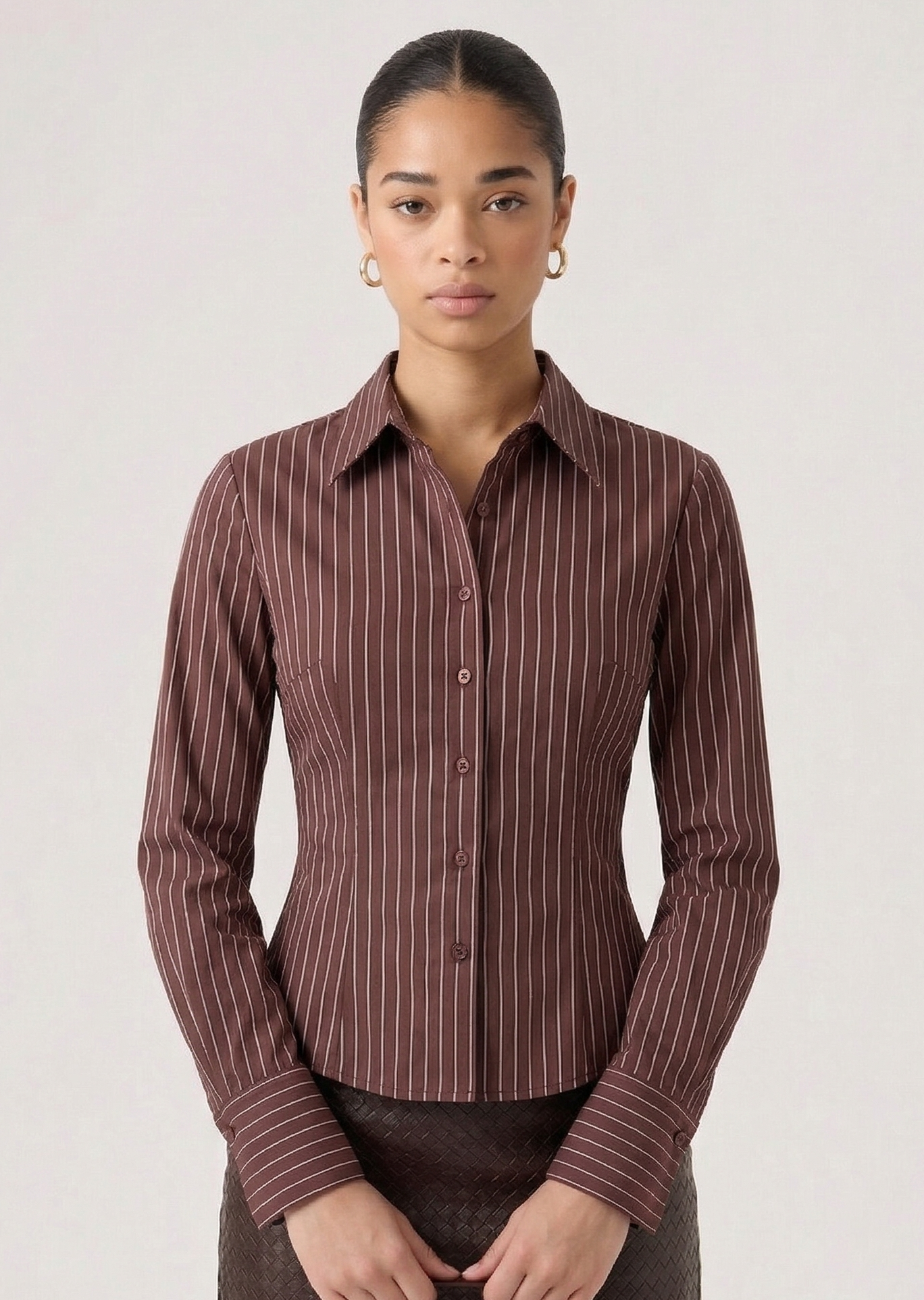 Coffee Bean Pinestripe Fitted Corset Shirt