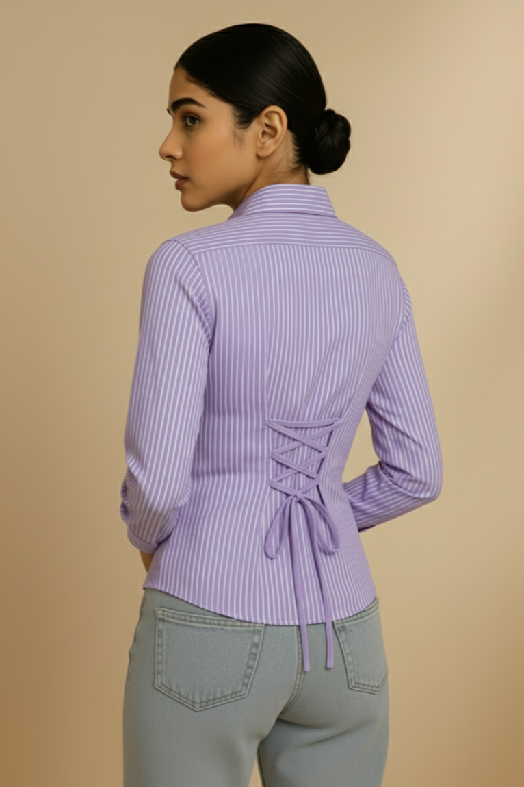 Lavender Stripe Fitted Corset Shirt By FORMALS