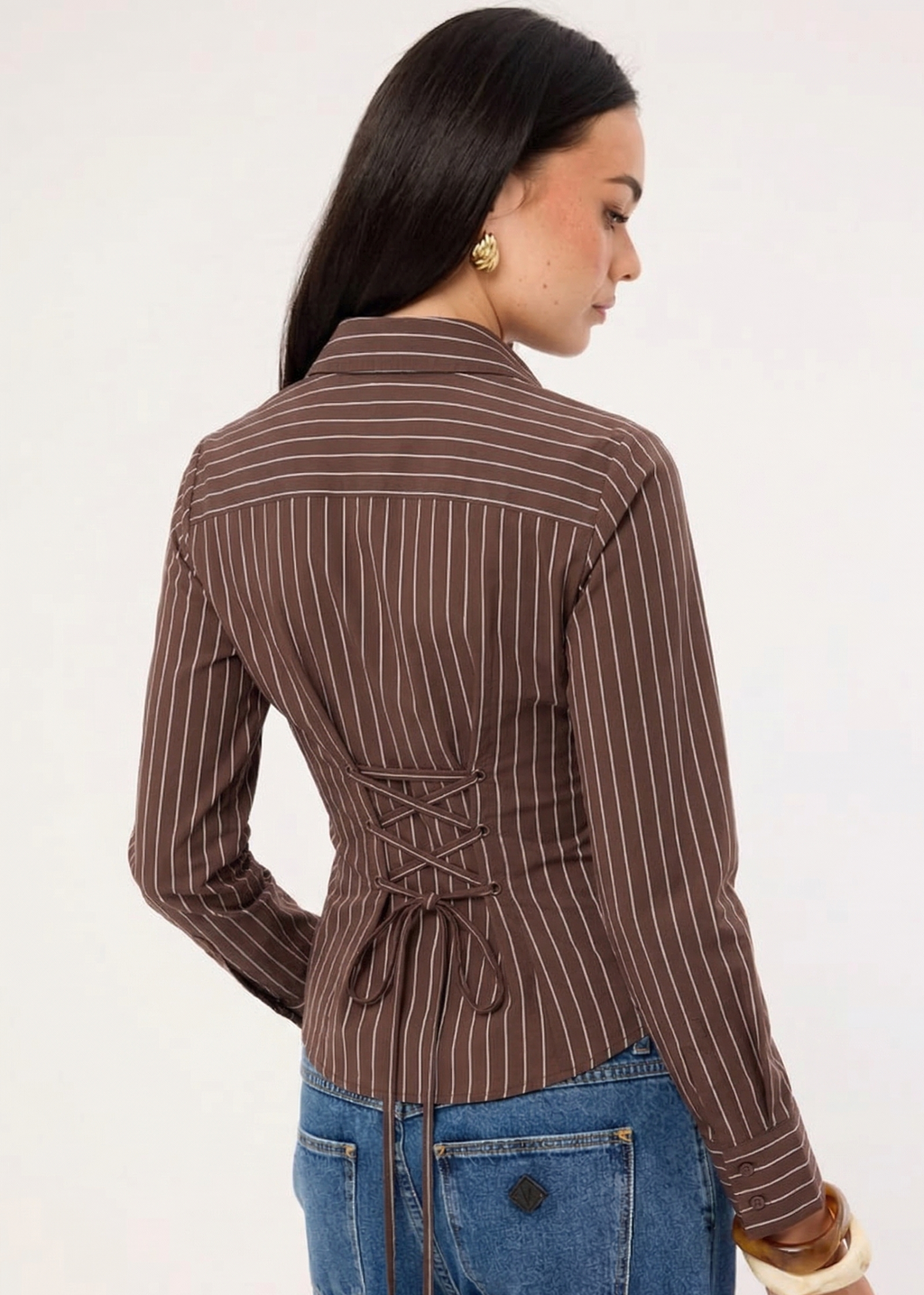 Coffee Bean Pinestripe Fitted Corset Shirt