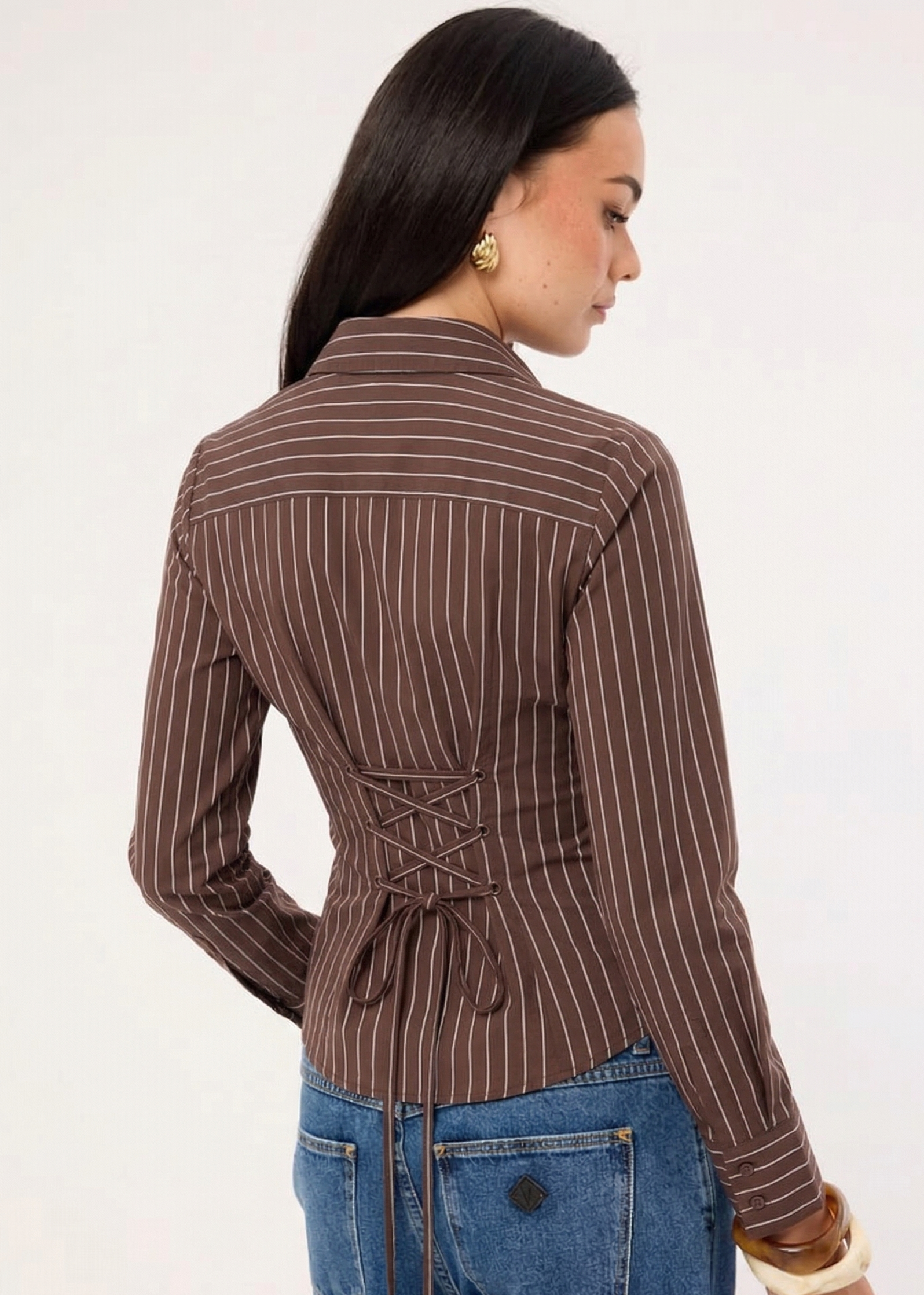 Coffee Bean Pinestripe Fitted Corset Shirt
