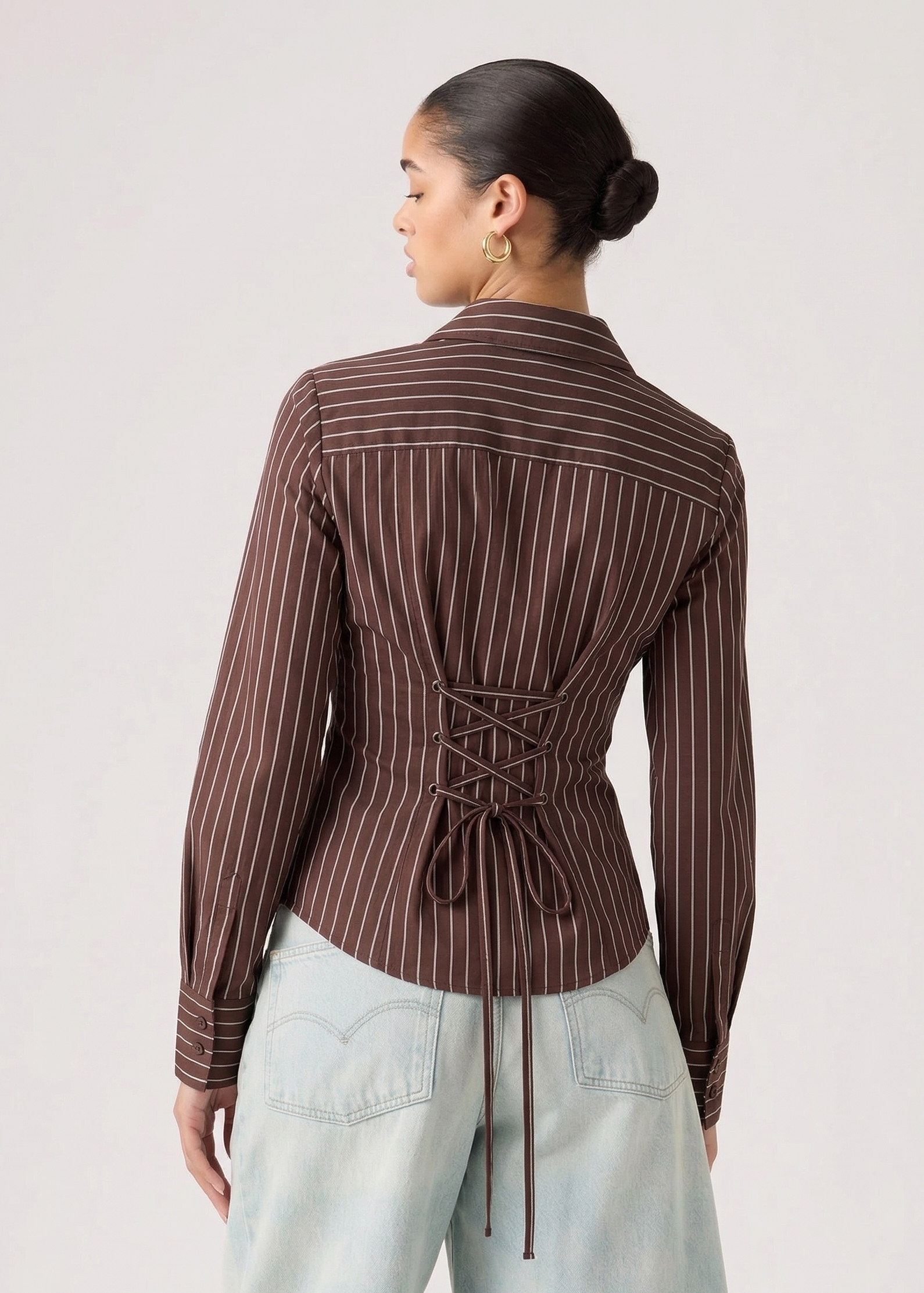 Coffee Bean Pinestripe Fitted Corset Shirt