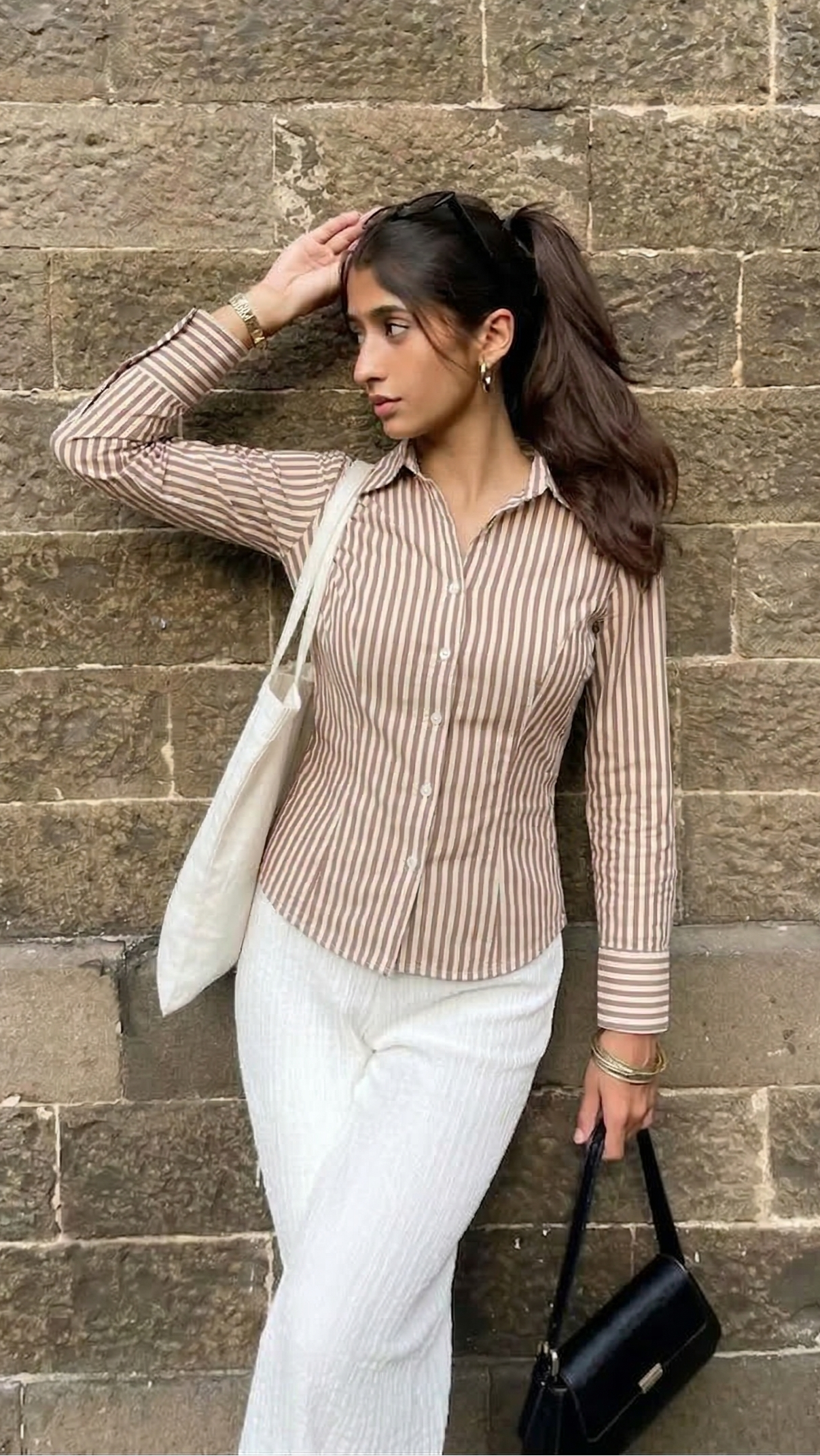 Mocha Workday Pinstripe Fitted Corset Shirt