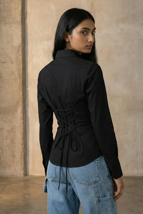 Black LaceBack Fitted Corset Shirt by Formals