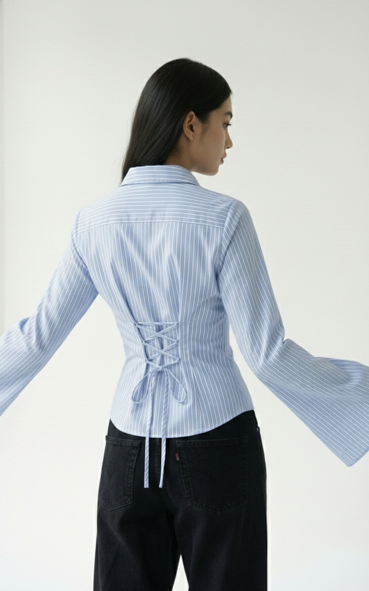 Sky PineStripe Flare Corset Fitted Shirt By Formals