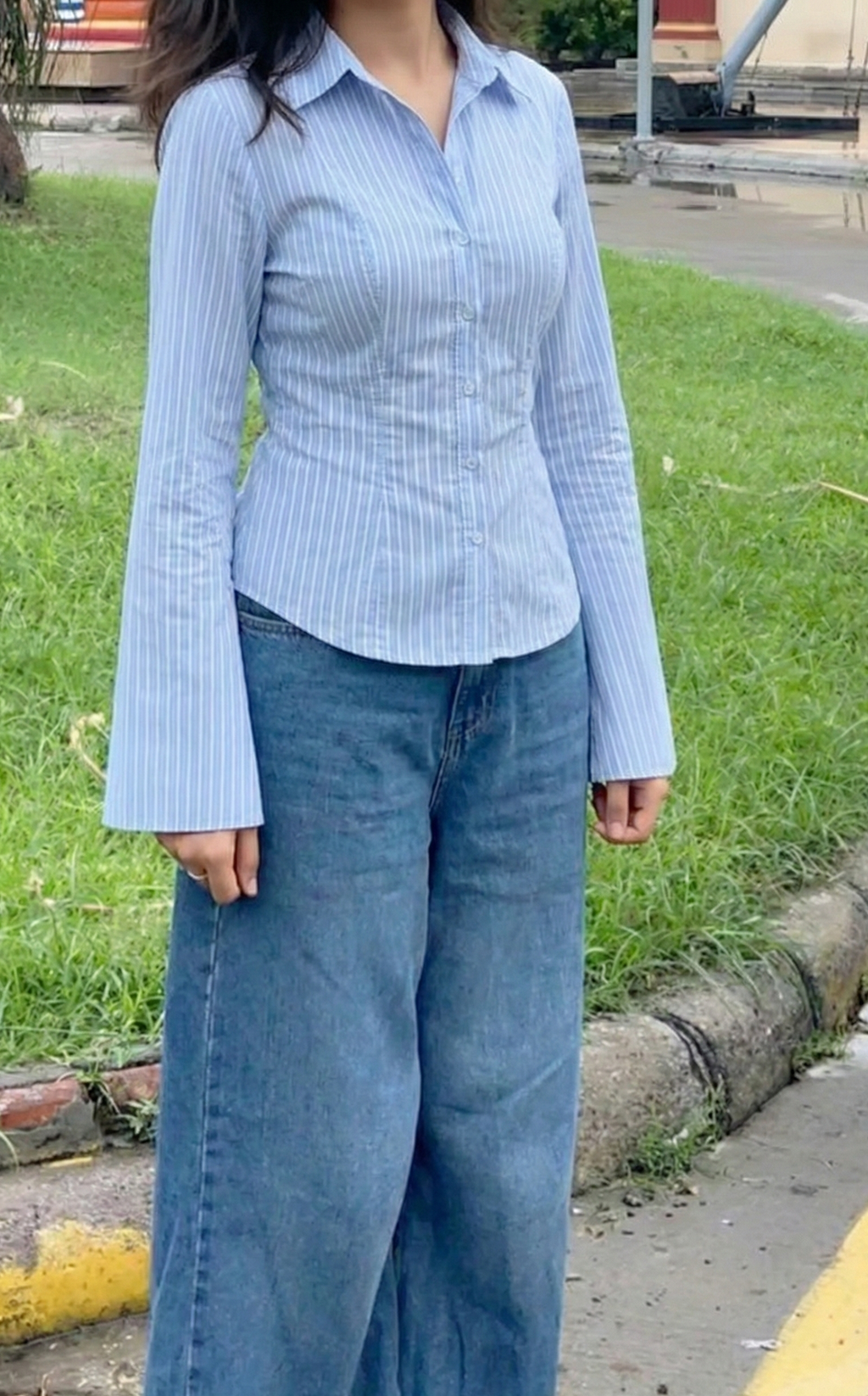 Sky PineStripe Flare Corset Fitted Shirt By Formals