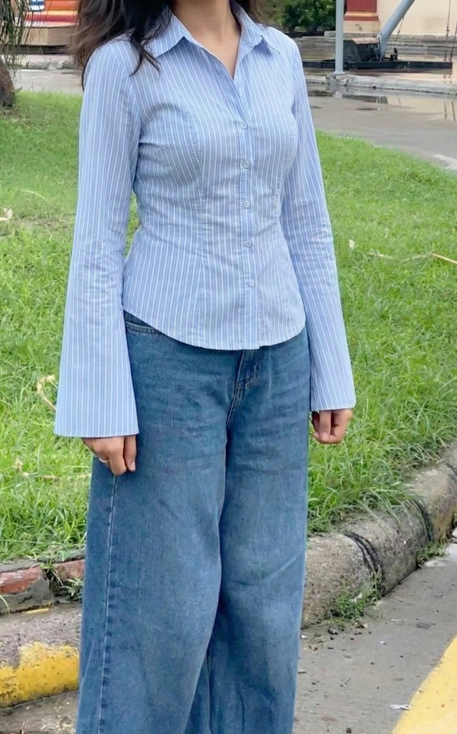 Sky PineStripe Flare Corset Fitted Shirt By Formals