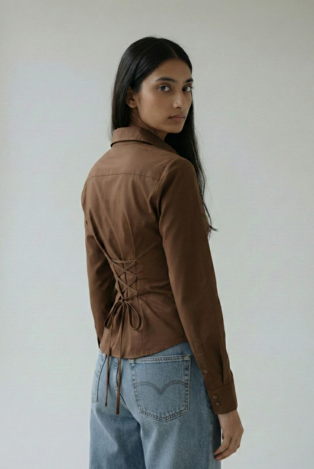 Espresso Brown Fitted Corset laceback shirt by formals