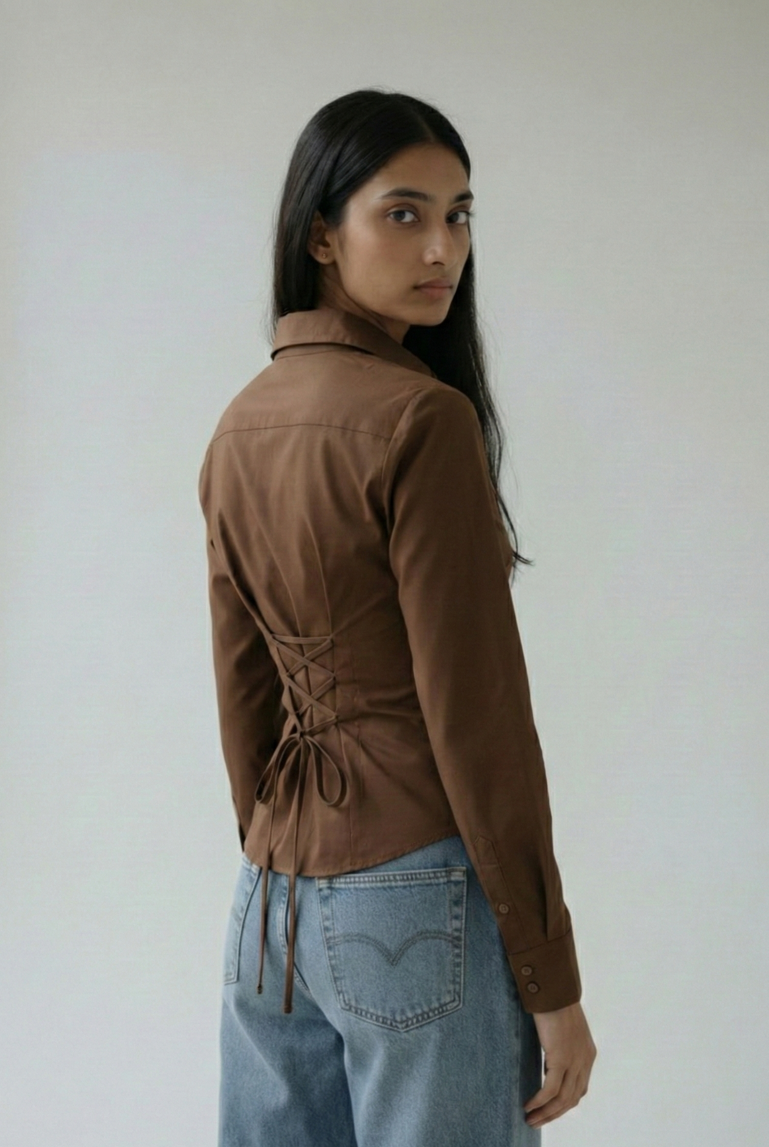 Espresso Brown Fitted Corset laceback shirt by formals