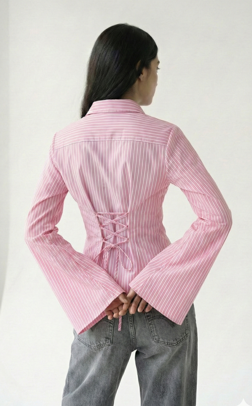 Blush Pink PineStripe Flare Corset Fitted Shirt by Formals