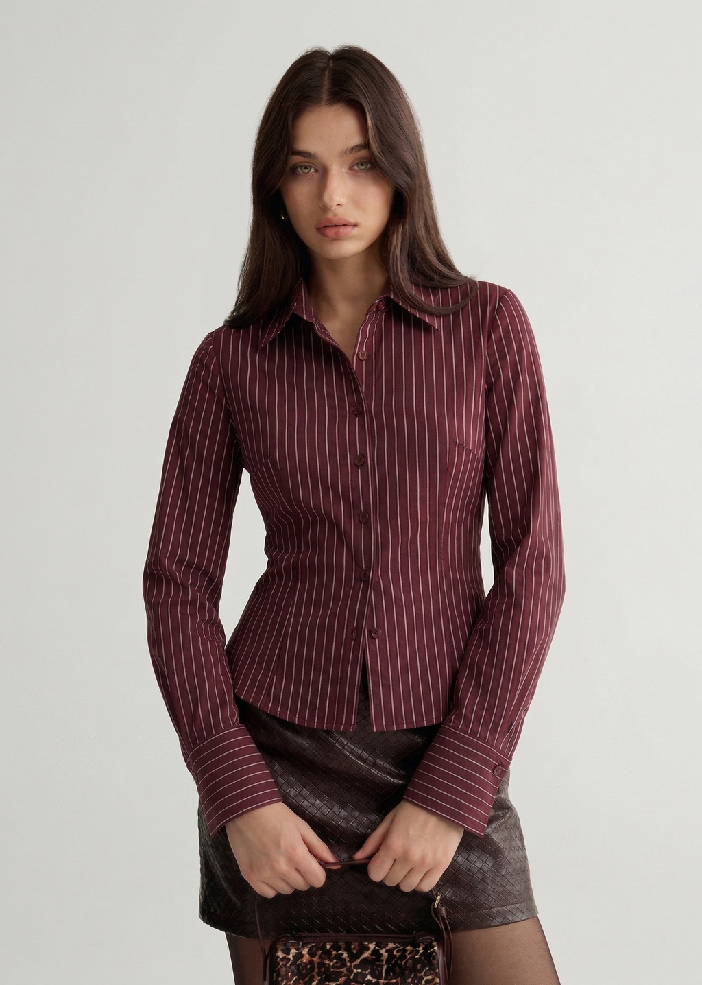 Amarone Marron Pinstripe Fitted Corset Shirt