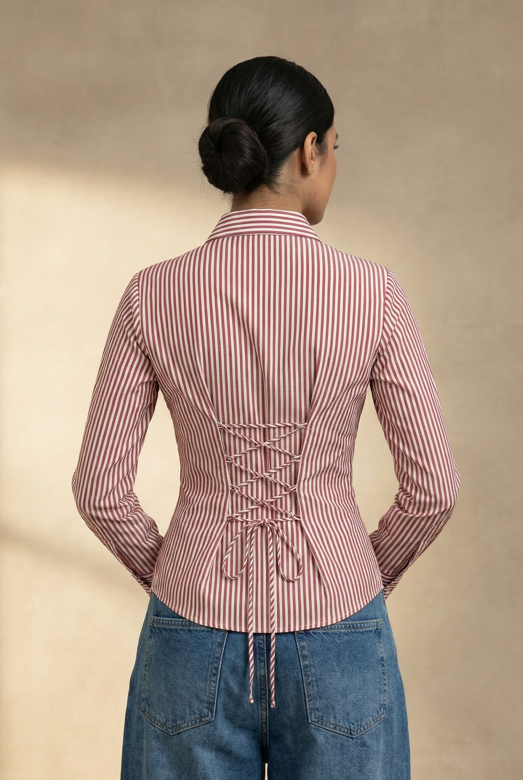Cherry Lady Stripe Fitted Laceback Corset Shirt By Formals