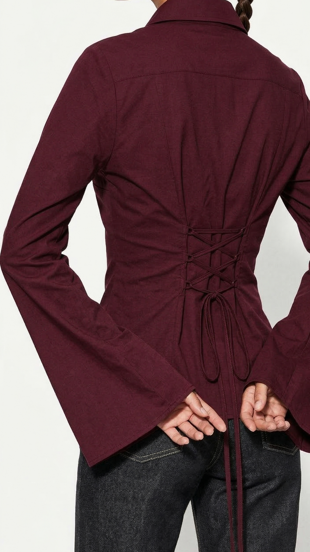 Deep Marron Fitted Corset Shirt With Flare Sleeves