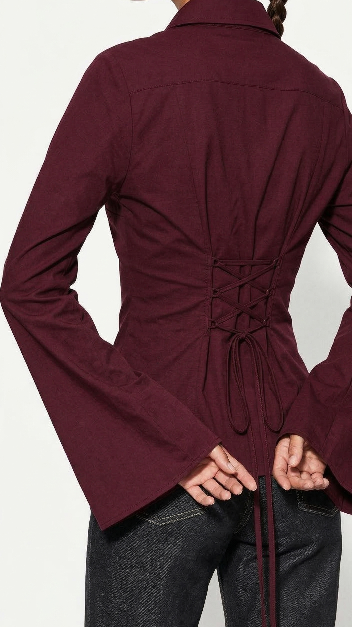 Deep Marron Fitted Corset Shirt With Flare Sleeves