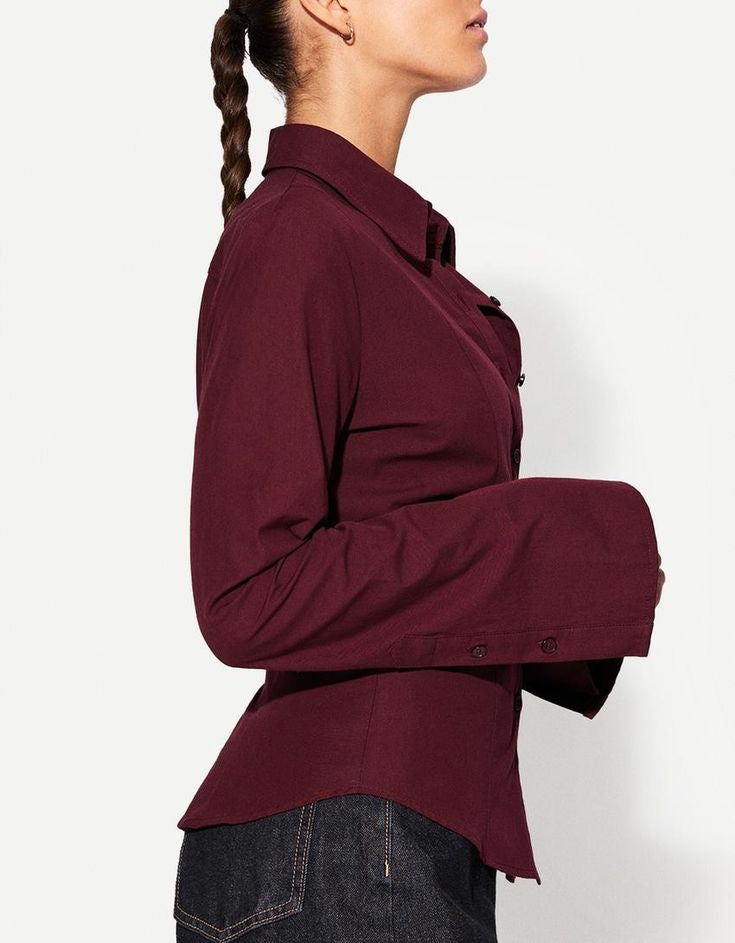 Deep Marron Fitted Corset Shirt With Flare Sleeves