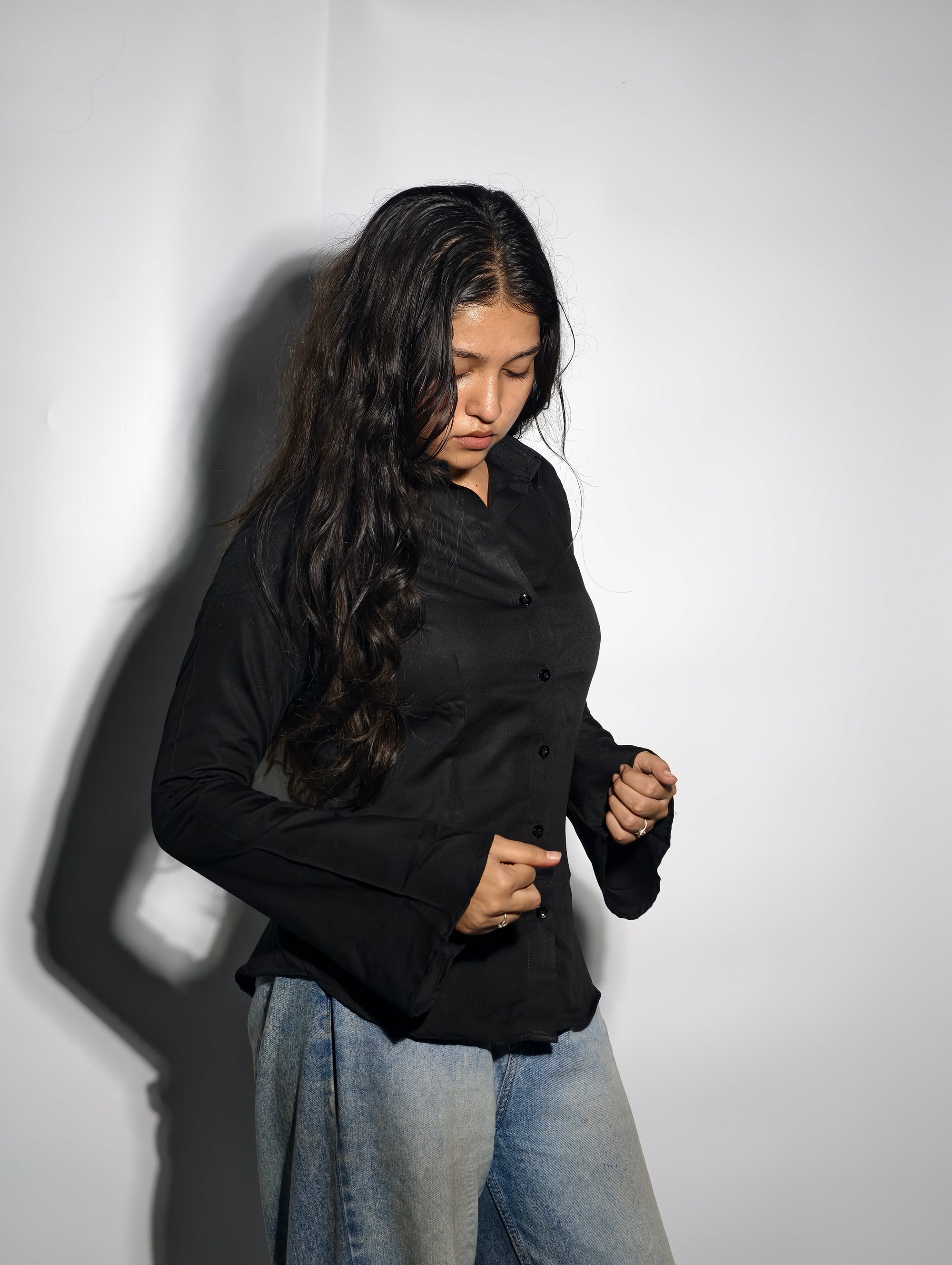 Moonless Curve Shirt Black Fitted Corset Shirt With Flare Sleeves